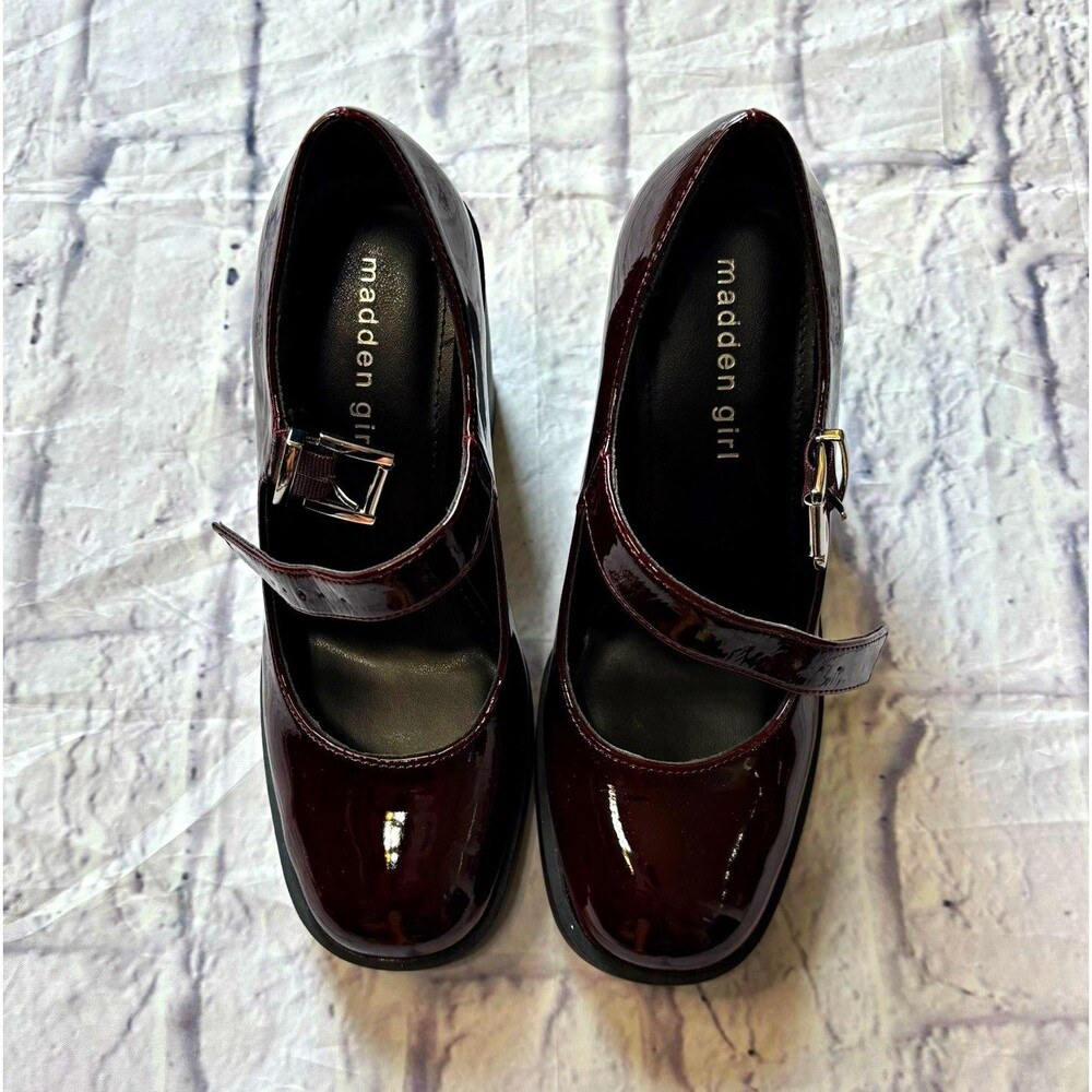 Madden Girl Women’s Mary Jane Heels Burgundy Patent Leather Square Toe 6.5